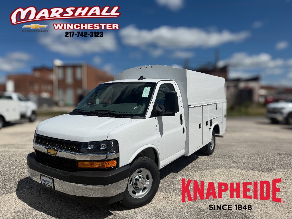 2025 Chevrolet Express Cutaway 3500 1WT in Summit White — front three-quarter view